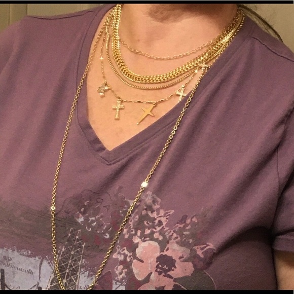 Express gold-tone necklace multi layered with bling crosses - Picture 2 of 9